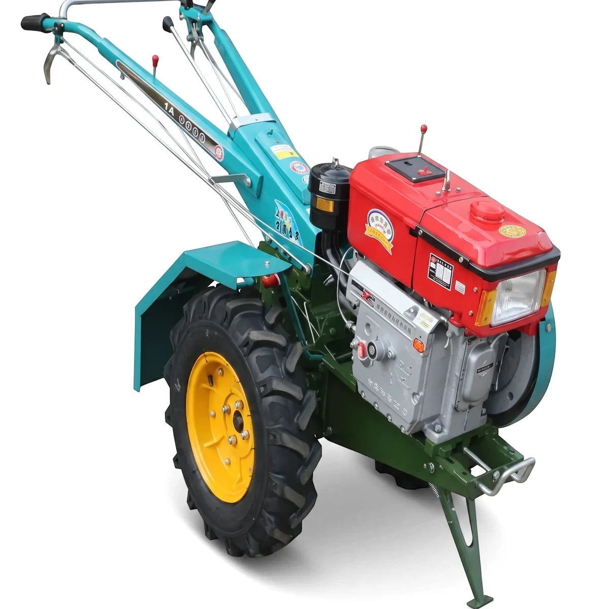Red and teal diesel walk-behind tractor with a Ud188Fe engine, green frame, yellow wheel hub, and heavy-duty tire for