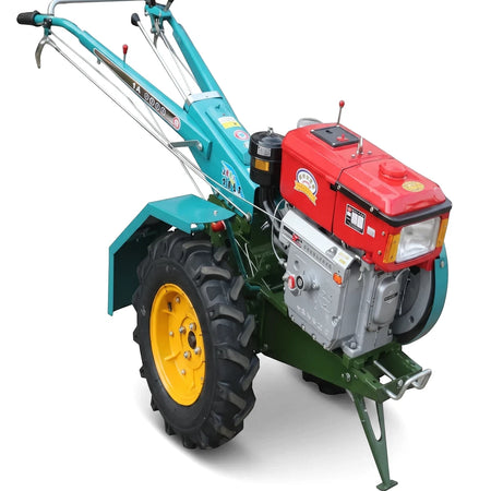 Red and teal diesel walk-behind tractor with a Ud188Fe engine, green frame, yellow wheel hub, and heavy-duty tire for