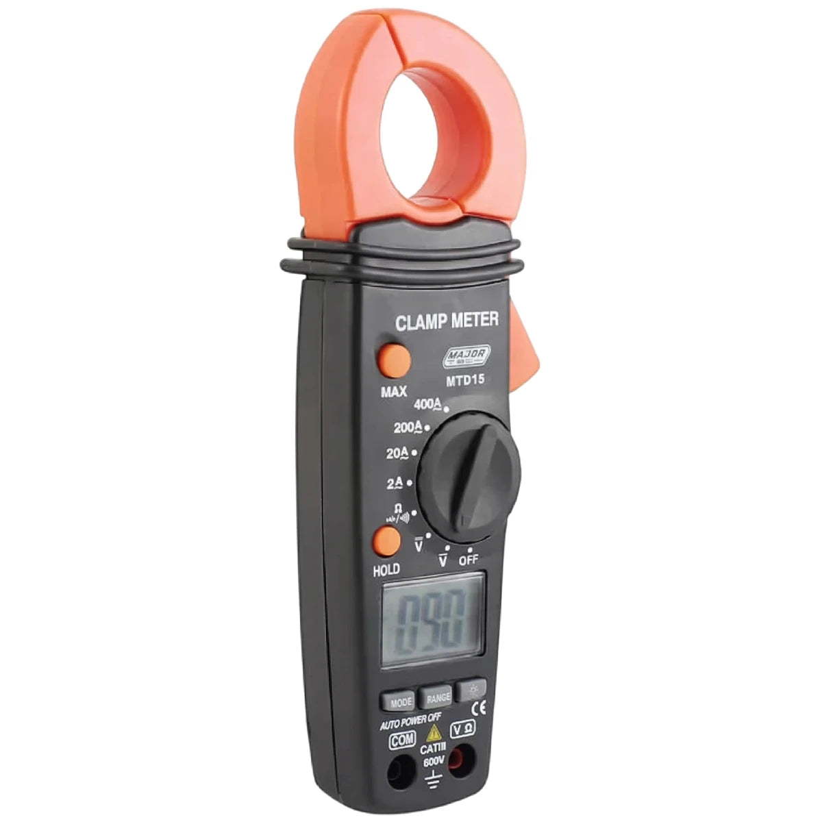 Digital AC Clamp meter, black and orange, for measuring electrical current in residential or industrial settings.