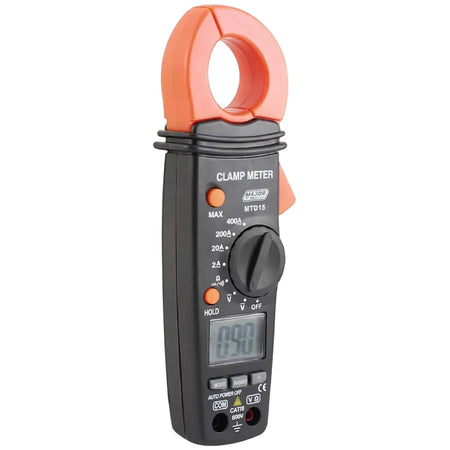 Digital AC Clamp meter, black and orange, for measuring electrical current in residential or industrial settings.