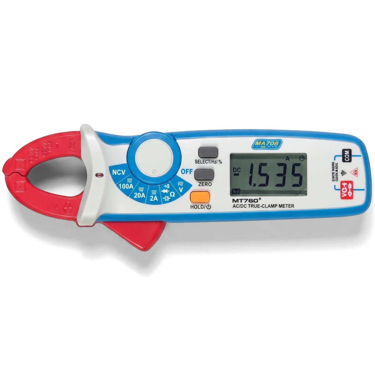 A blue, white, and red digital clamp meter showing a reading on its display, designed for measuring AC/DC current up to 100A.