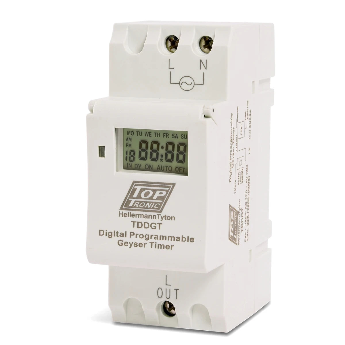 Digital geyser timer with an LCD display showing time and programming details, featuring HellermannTyton branding in a front