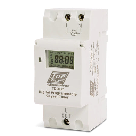 Digital geyser timer with an LCD display showing time and programming details, featuring HellermannTyton branding in a front