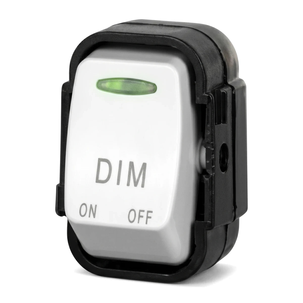 White dimmer switch insert with 'DIM', 'ON', 'OFF' text and a green indicator light, an electrical component.