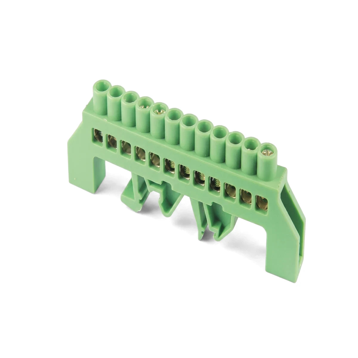 Green plastic Din Mount Earth Bar with 12 ways, an electrical component for secure wiring in control panels, seen from an