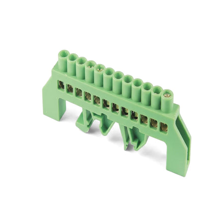 Green plastic Din Mount Earth Bar with 12 ways, an electrical component for secure wiring in control panels, seen from an