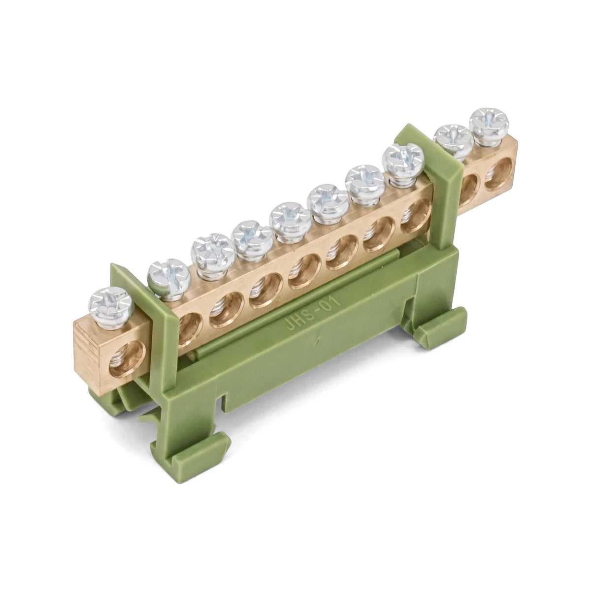 Din Mount Earth Bar 13Way, featuring a brass busbar with 13 screw terminals on a green plastic mount.