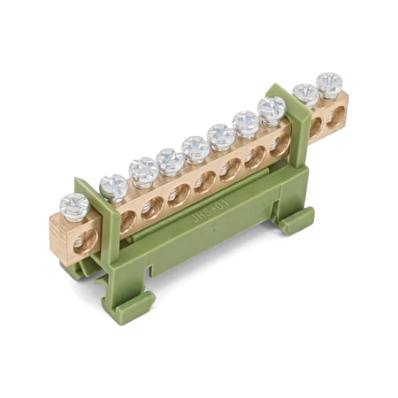 Din Mount Earth Bar 13Way, featuring a brass busbar with 13 screw terminals on a green plastic mount.