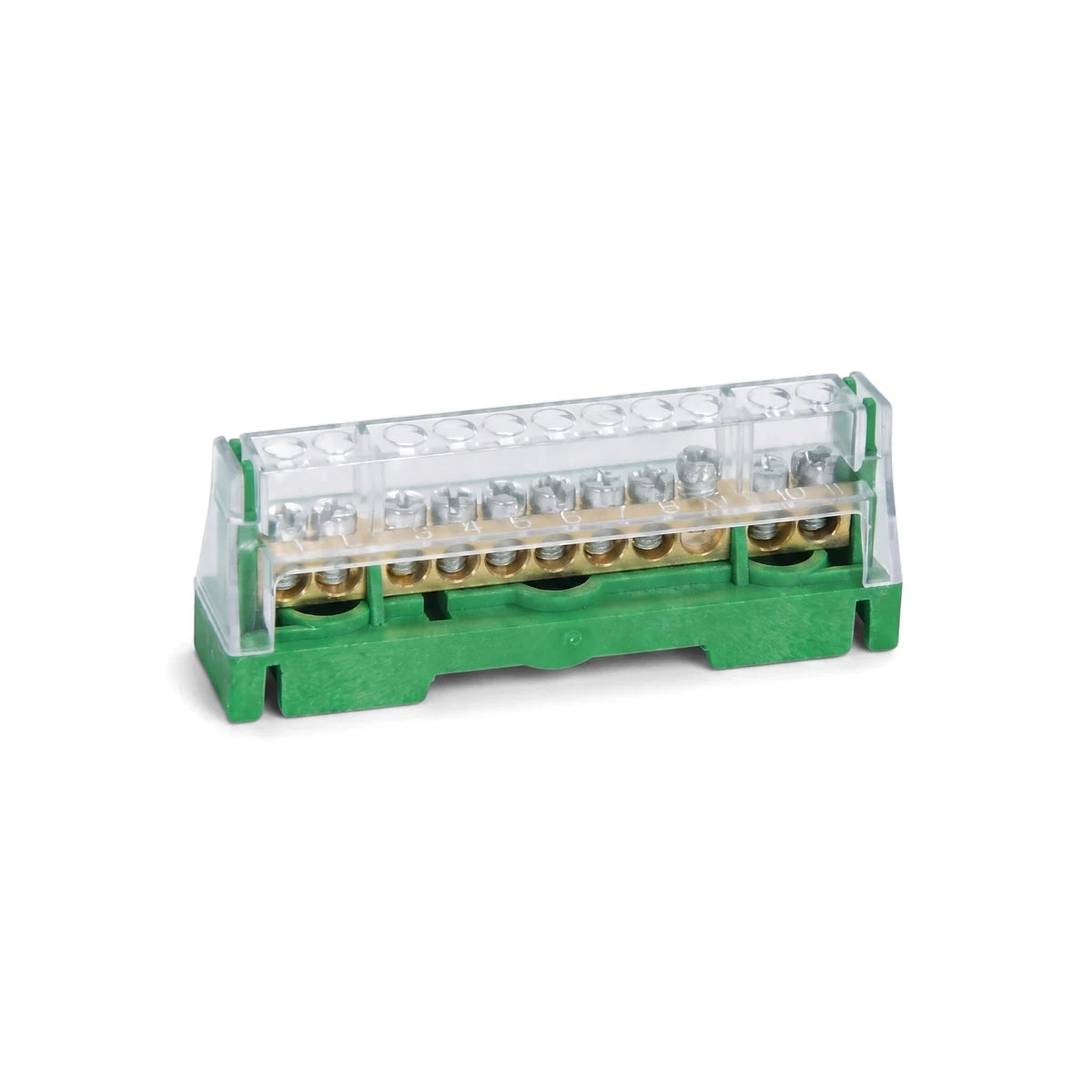 Din Mount Earth Bar 15Way with a green base, brass screw terminals, and a clear protective cover for electrical