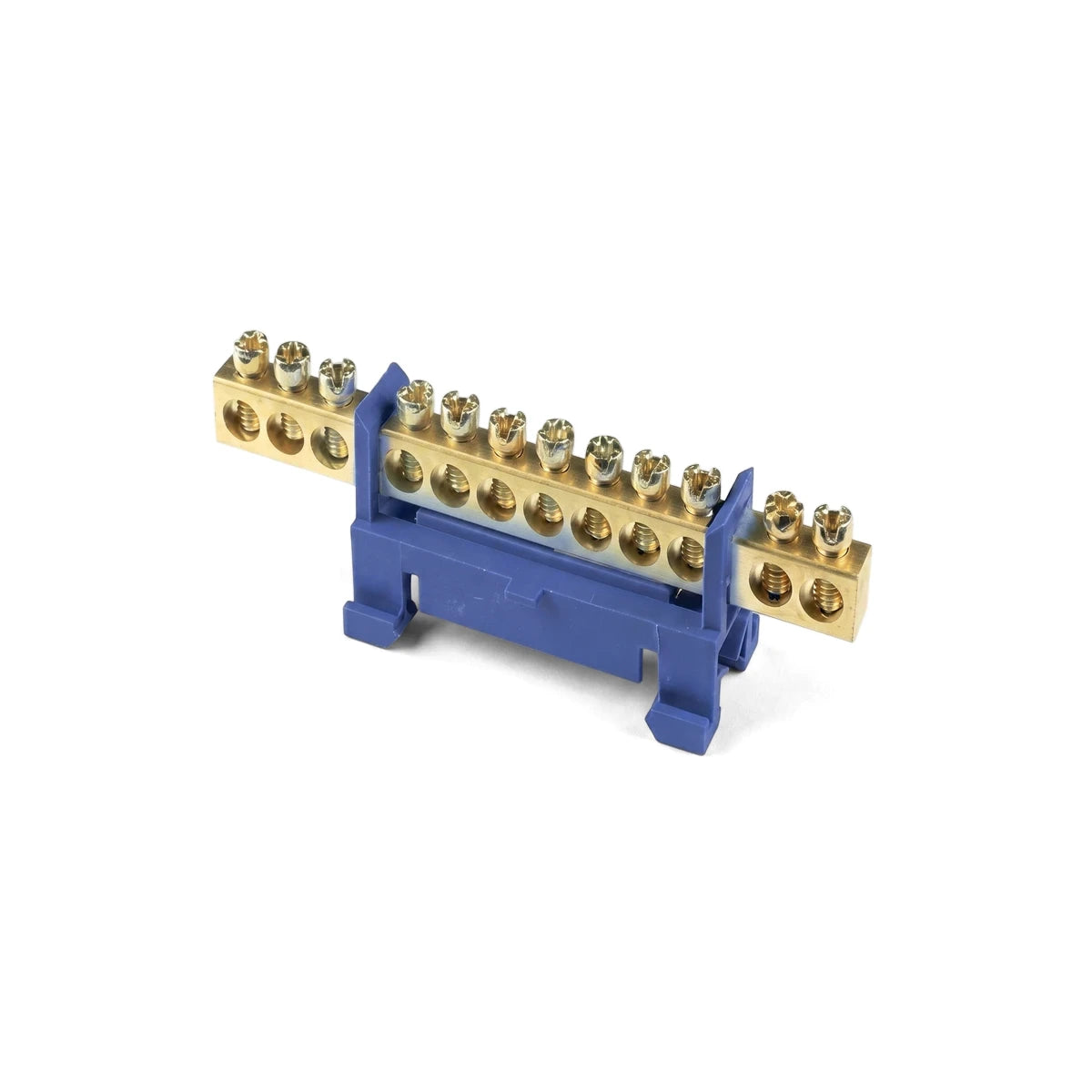 Din Mount Neutral Bar 12 Way with a blue plastic base and brass screw terminals for electrical connections.