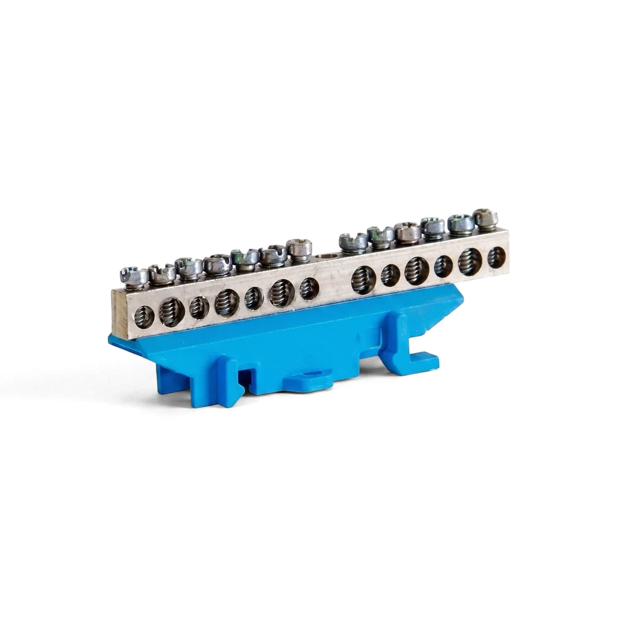 Din Mount Neutral Bar 13Way, a metallic electrical terminal block with 13 screw connections on a blue plastic mounting base.