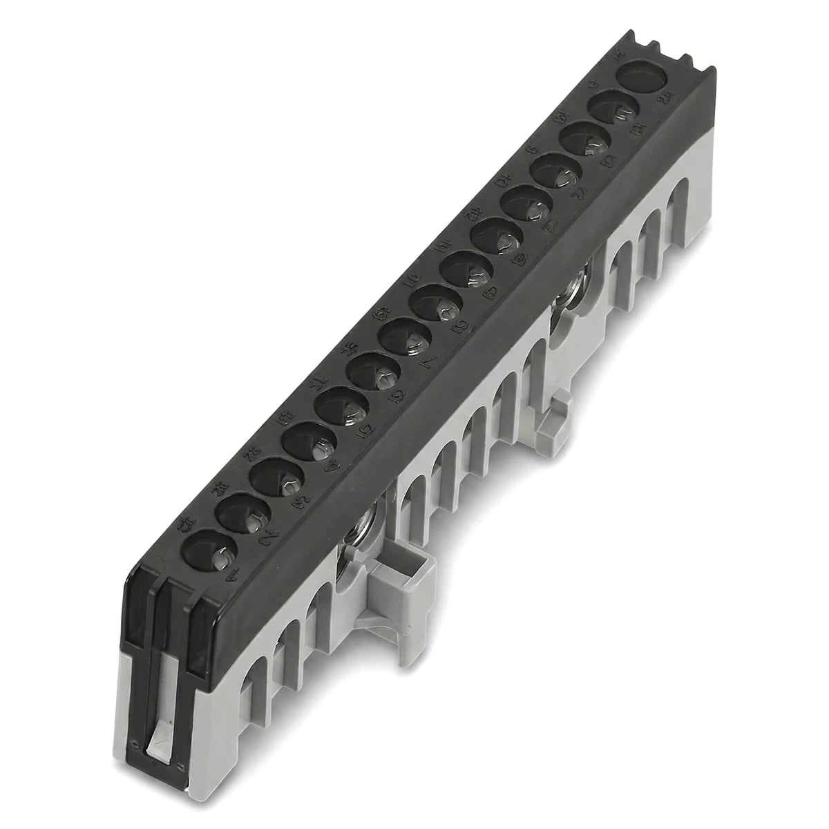 Black and gray Din Mount Neutral Bar with 15 screw terminals, an electrical component, shown from an angled perspective.