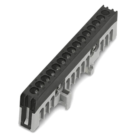 Black and gray Din Mount Neutral Bar with 15 screw terminals, an electrical component, shown from an angled perspective.