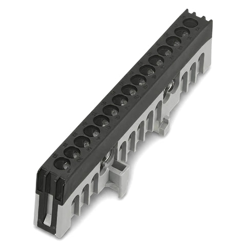 Black and gray Din Mount Neutral Bar with 15 screw terminals, an electrical component, shown from an angled perspective.