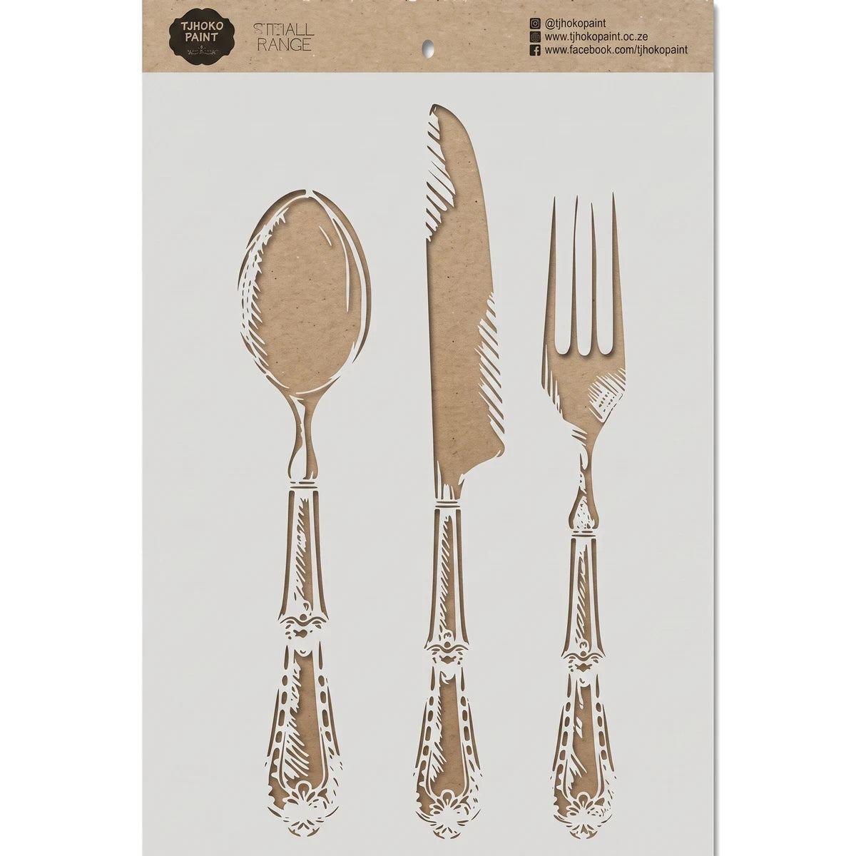 Dining Delight A4-2 stencil 54 from TJHOKO PAINT featuring an ornate spoon, knife, and fork design on a brown and white
