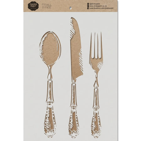 Dining Delight A4-2 stencil 54 from TJHOKO PAINT featuring an ornate spoon, knife, and fork design on a brown and white