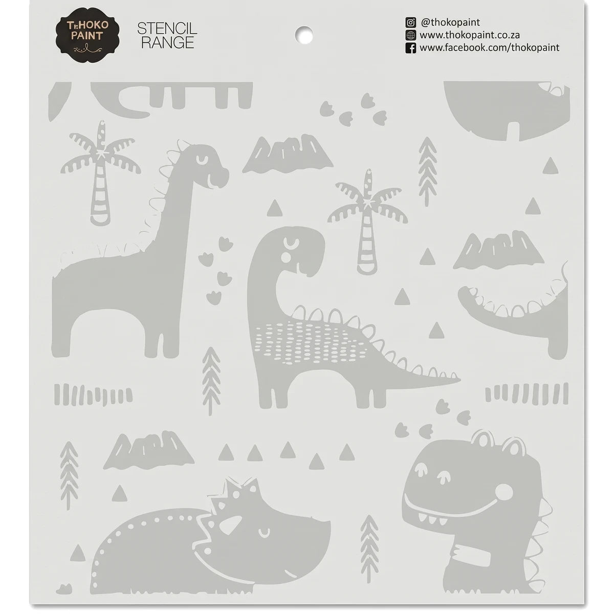 Light gray rectangular 'Dinosaur Delight' paint stencil featuring various dinosaur and plant cutouts for creative projects.