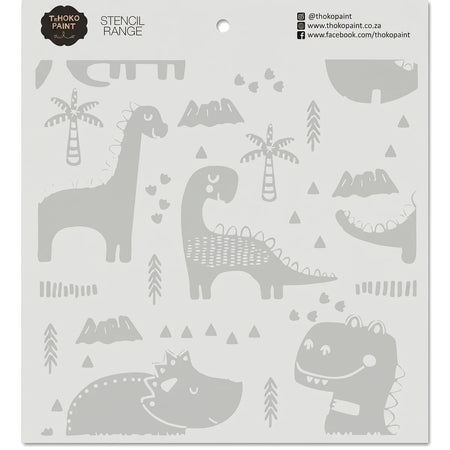 Light gray rectangular 'Dinosaur Delight' paint stencil featuring various dinosaur and plant cutouts for creative projects.