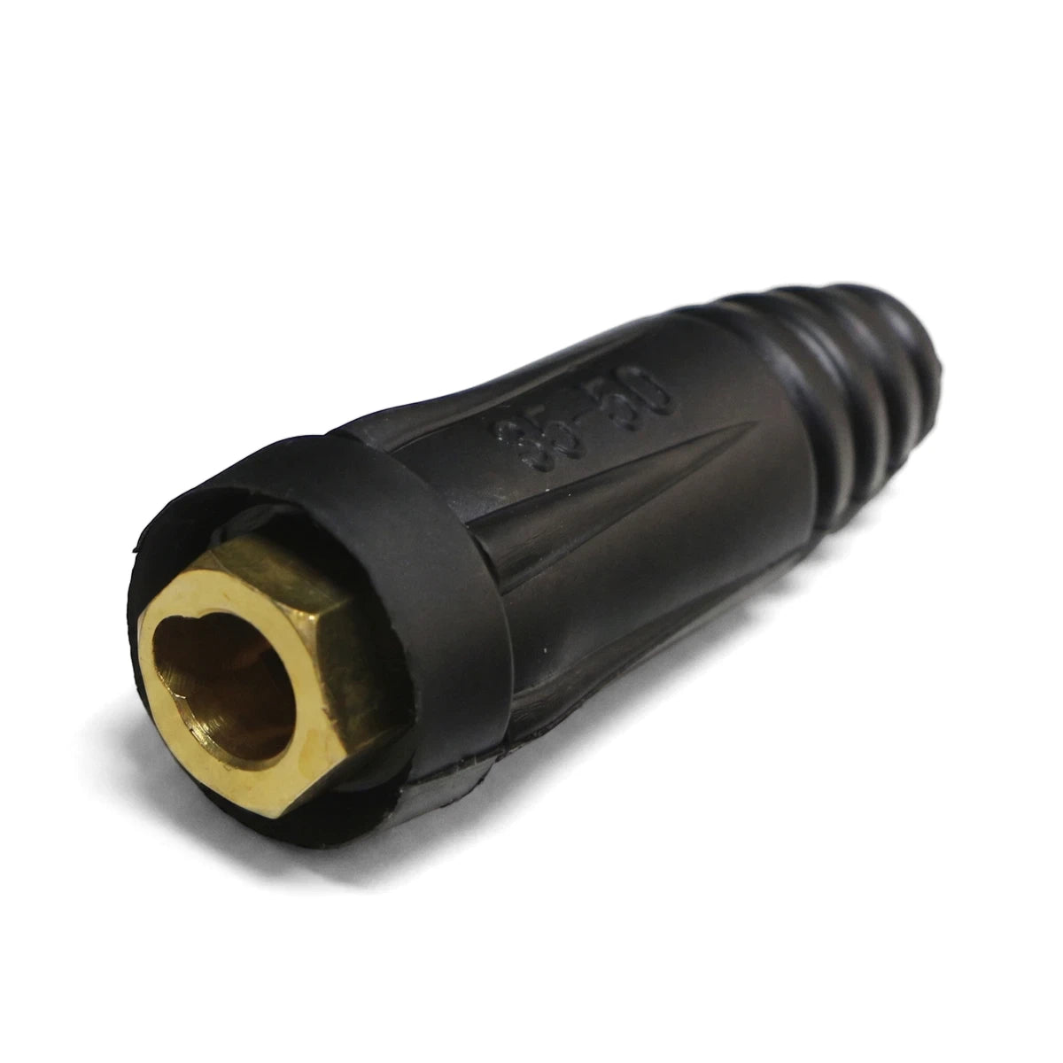 Dinse Type Female 10-25 welding cable connector in black with a brass hexagonal fitting, angled view.