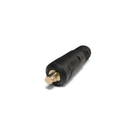 Black Dinse Type Female 35-50 electrical connector with a prominent gold-colored pin, presented at an angle.