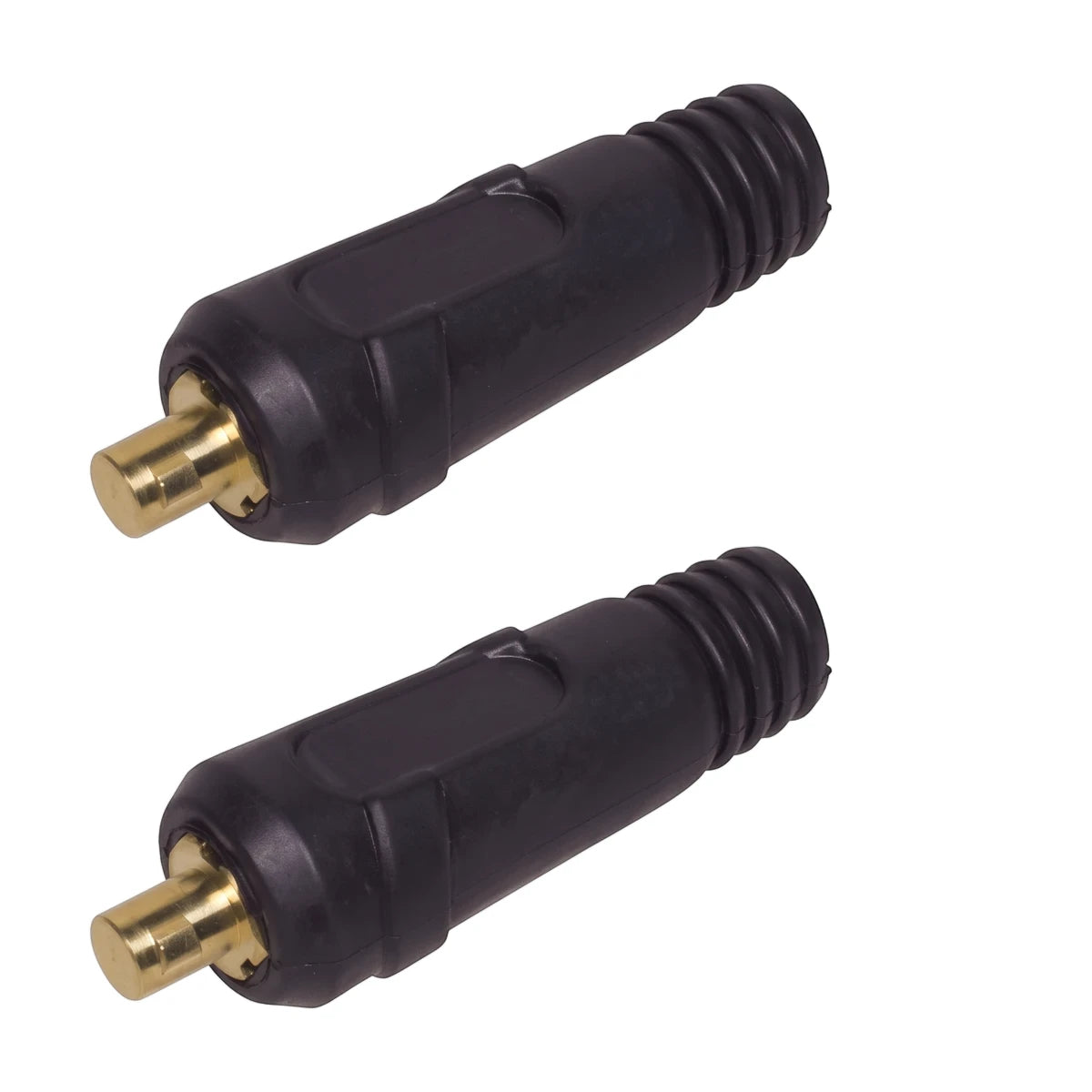 Two black Dinse type male 10-25 electrical connectors with brass contacts, arranged diagonally.