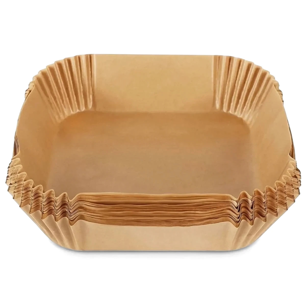 Stack of 50 count disposable brown kraft paper square air fryer liners, designed for baking and cooking.