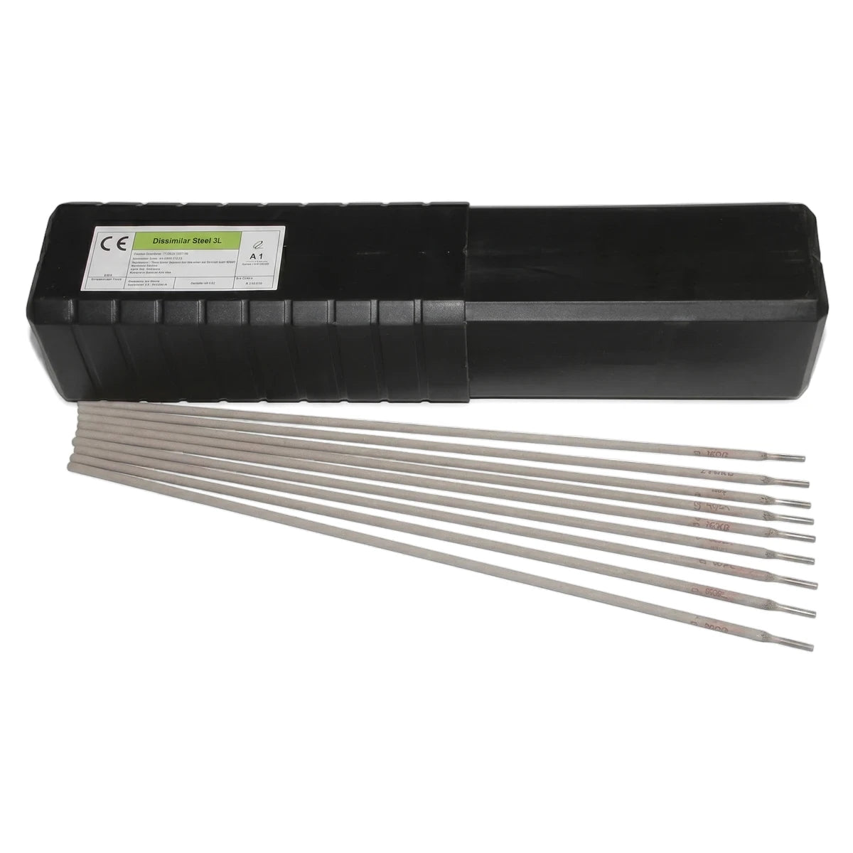 Dissimilar Steel 312 3.2mm welding rods in a black storage container, fanned out, for industrial and construction use.