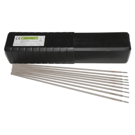 Dissimilar Steel 312 3.2mm welding rods in a black storage container, fanned out, for industrial and construction use.