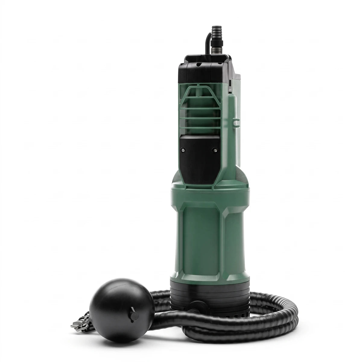 Green and black Divertron submersible pump with float switch and corrugated hose for water management.