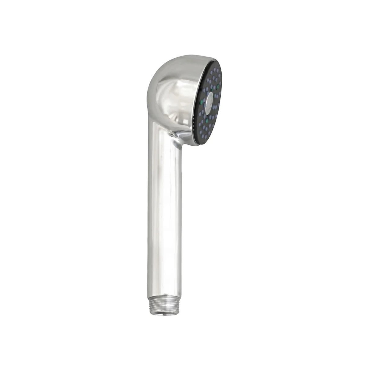 Dixi chrome hand shower with a sleek cylindrical handle and a curved head featuring black and green nozzles.