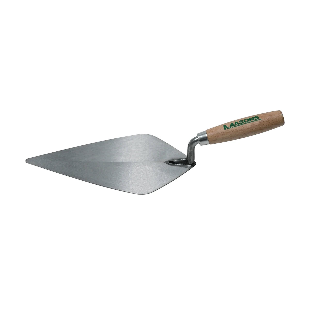 282mm DIY brick trowel with a pointed silver metal blade and a light brown wooden handle, designed for masonry work.
