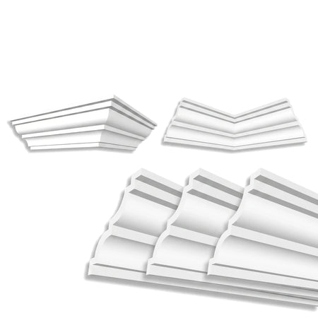 White DIY cornice molding bundle featuring straight pieces and precut inside and outside corner sections for easy