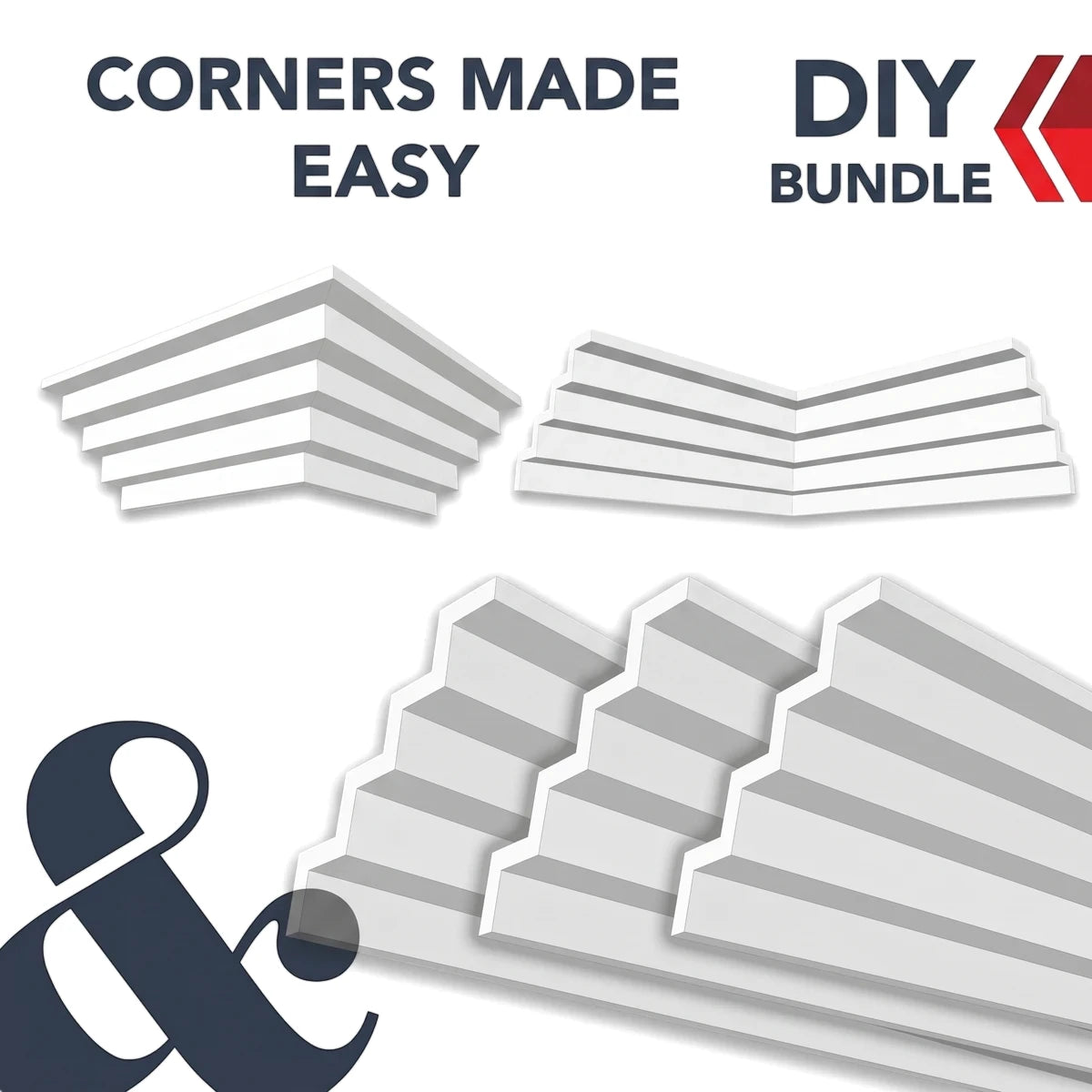 White EPS cornice molding and pre-cut corner pieces for DIY home interior decoration projects.