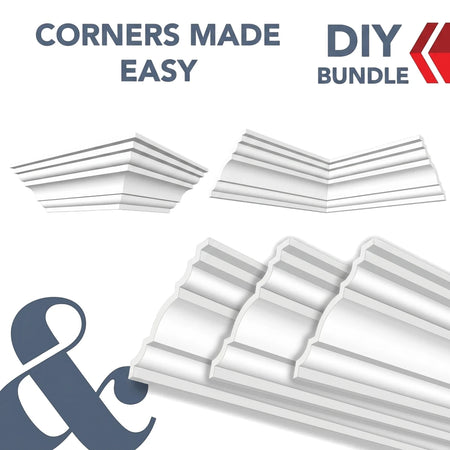 White DIY cornice molding pieces and precut corners bundle, showcasing decorative profiles for easy installation.