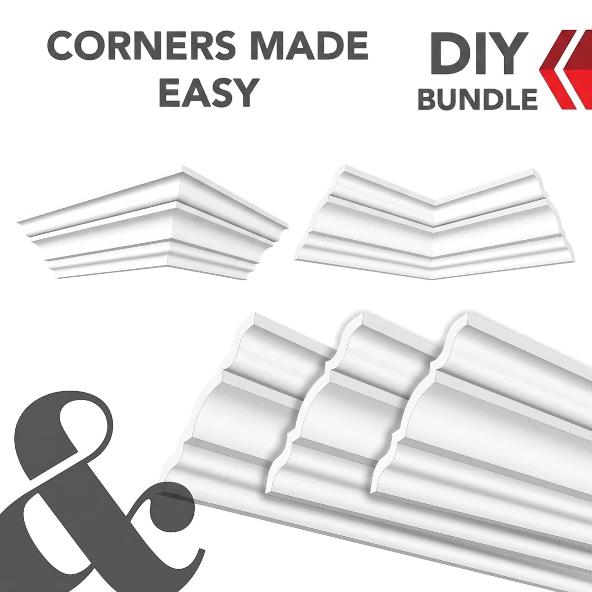 White DIY cornice molding with precut corners for easy installation, featuring a detailed profile design.