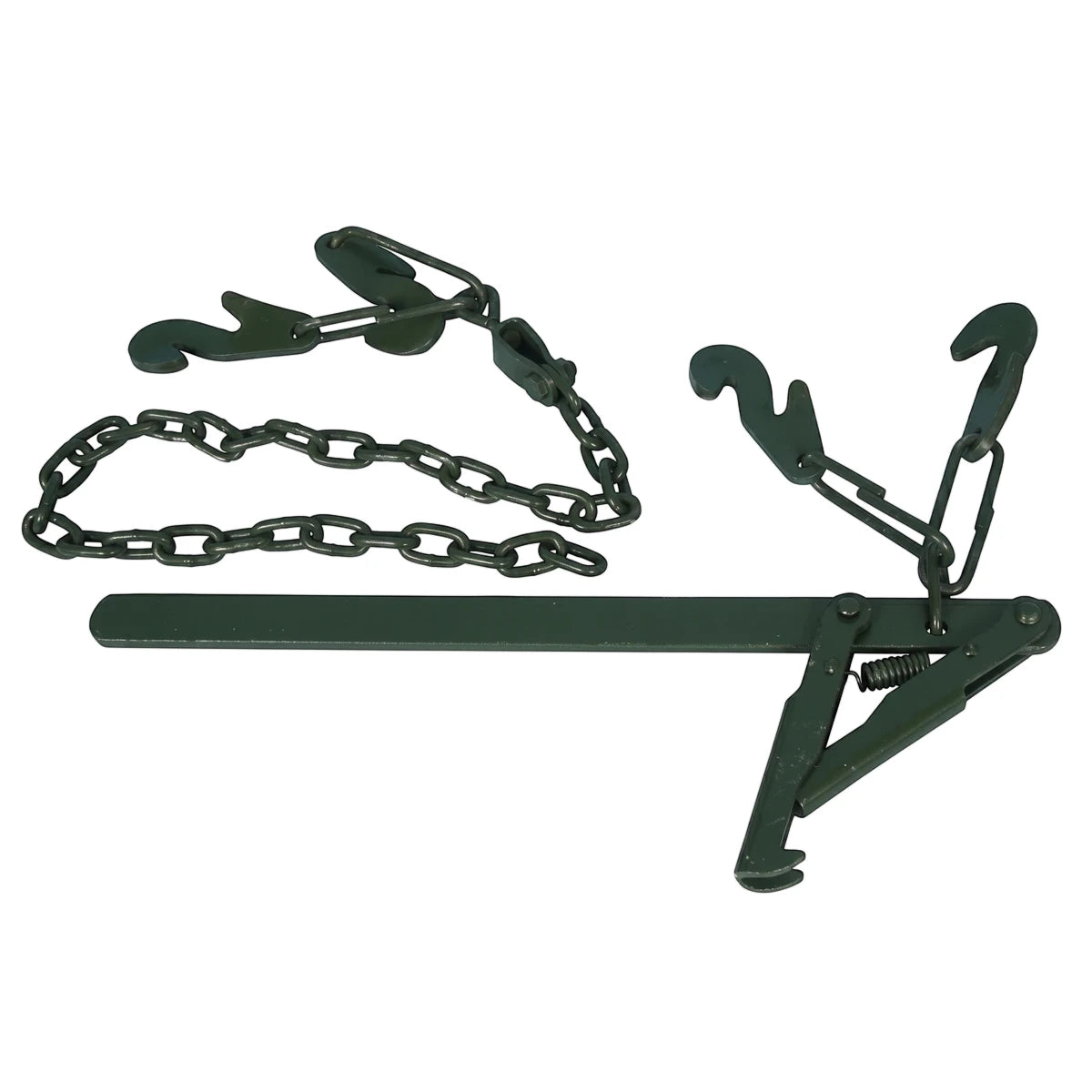 Dark green Donald Autochain Wire Strainer with a metal bar, spring-loaded clamp, and heavy-duty chain with hooks, displayed