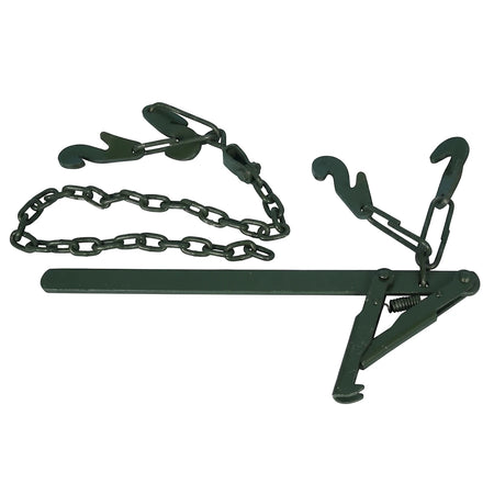 Dark green Donald Autochain Wire Strainer with a metal bar, spring-loaded clamp, and heavy-duty chain with hooks, displayed