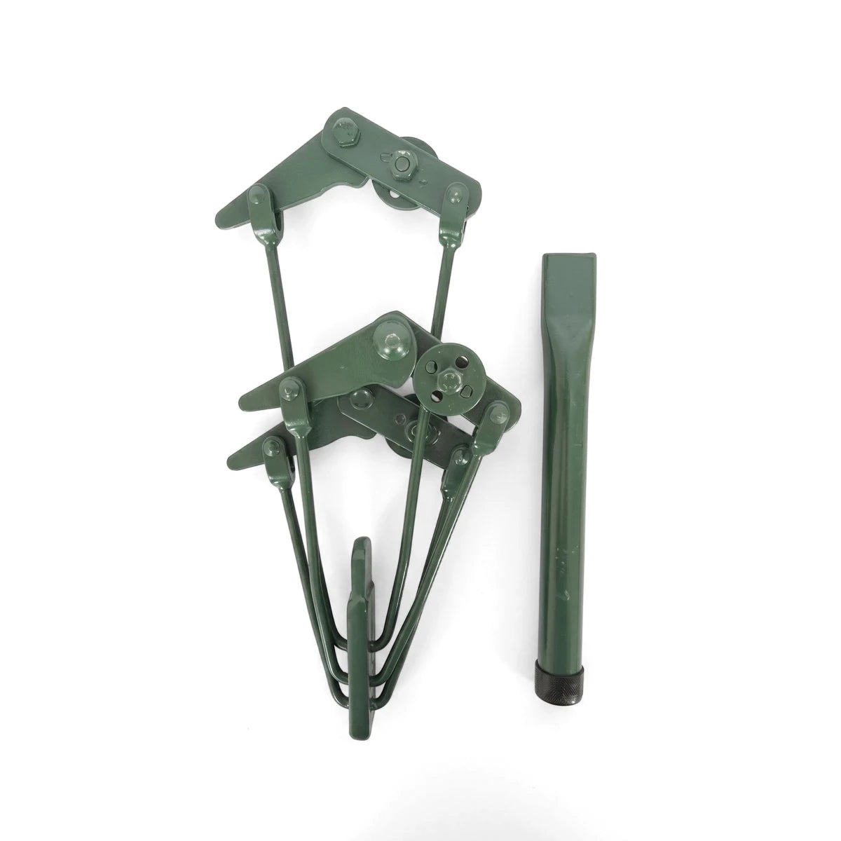 Green Donald Multigrip Wire Strainer with intricate metal links and a geared mechanism, shown alongside a matching green