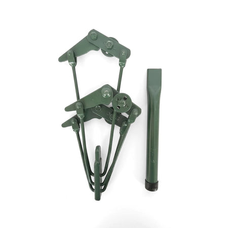 Green Donald Multigrip Wire Strainer with intricate metal links and a geared mechanism, shown alongside a matching green