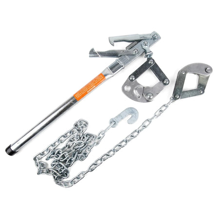 Donald Wizard Wire Strainer, a silver metal tool with an orange label, displayed alongside its chain and two clamps.