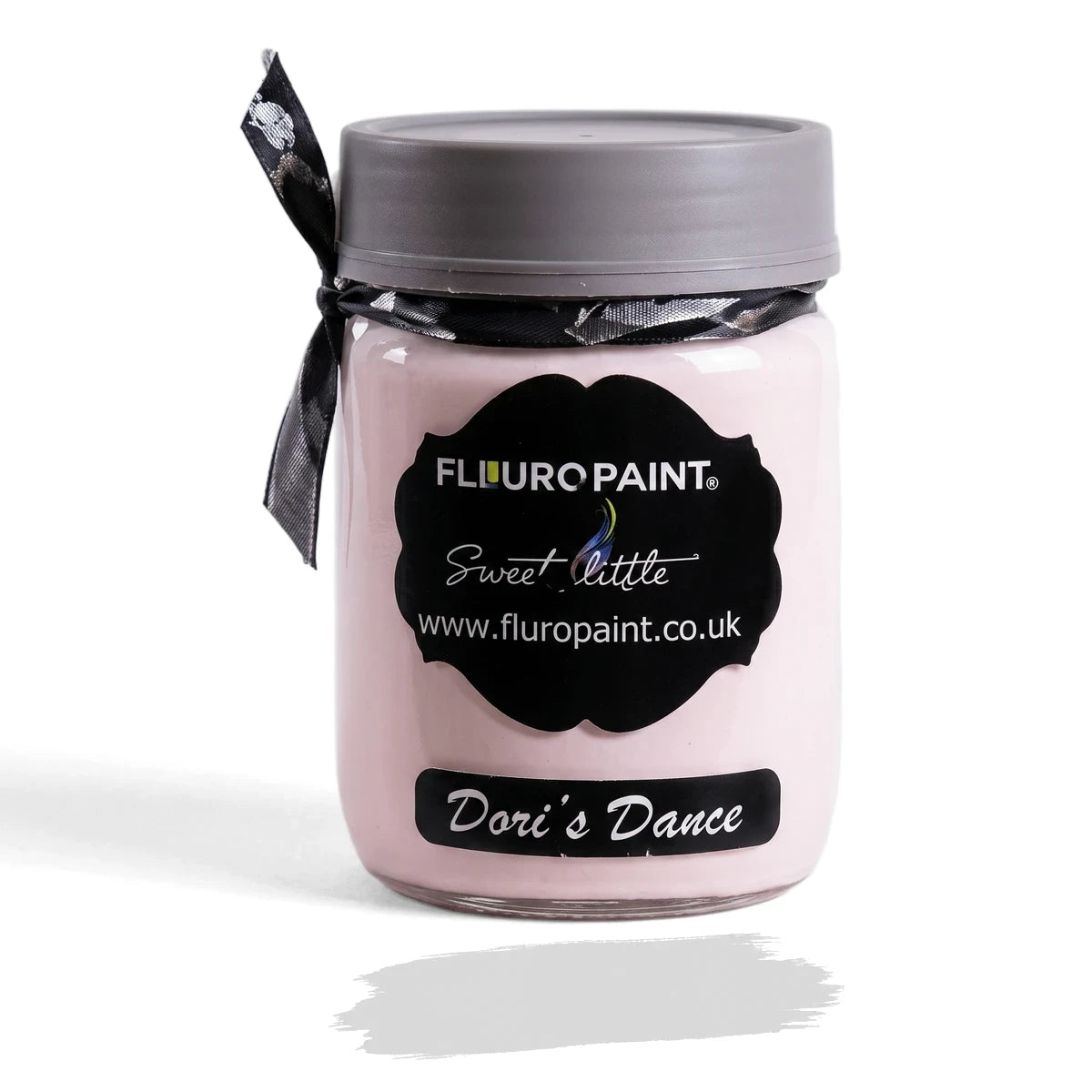 Dori's Dance 250ml Chalk Paint jar with gray screw lid and black label, shown with pink swatch.