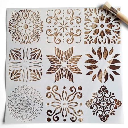 White square Dotted paint stencil with nine intricate patterns, including mandala, floral, and geometric designs, with a