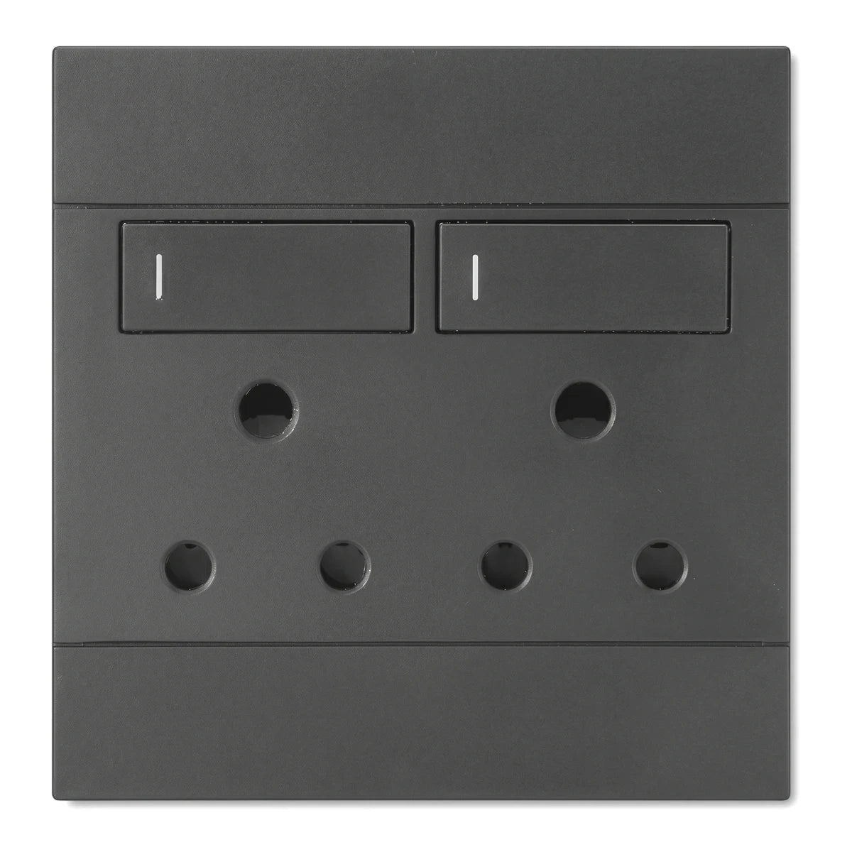 Double 16A switched socket in a sleek charcoal finish, featuring two three-pin power outlets and two control switches.