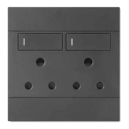 Double 16A switched socket in a sleek charcoal finish, featuring two three-pin power outlets and two control switches.