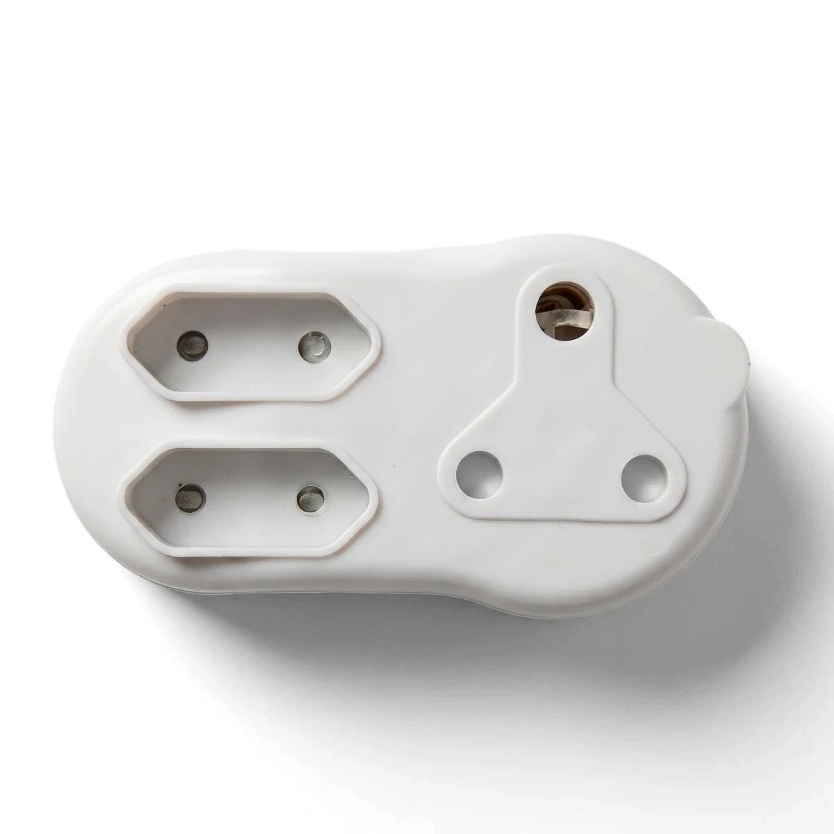 Double-Port Euro Plug Adapter in white plastic, top view showing two outlet ports and round EU pins