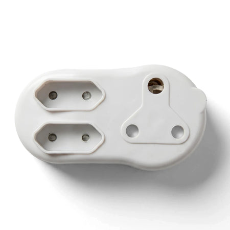 Double-Port Euro Plug Adapter in white plastic, top view showing two outlet ports and round EU pins