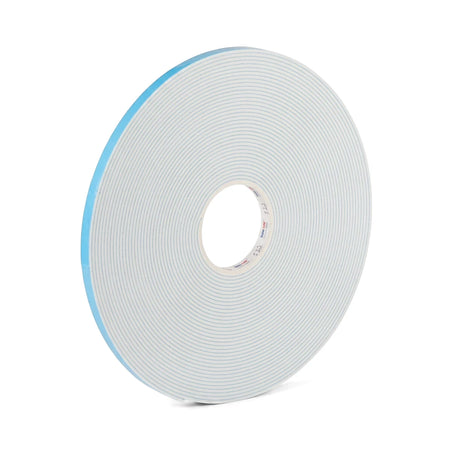 White double-sided adhesive tape roll with a blue edge, 3mm by 24mm by 20m, shown at an angle.