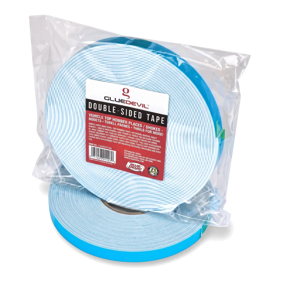 Two rolls of GLUEDEVIL Double-Sided Tape, 3mm X 24mm X 30M, in a clear plastic bag with light blue edges and white labels.
