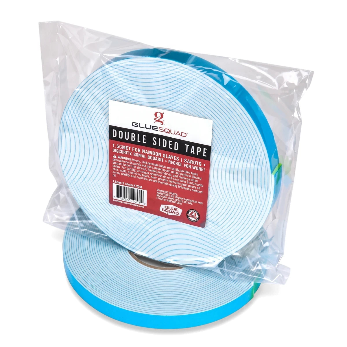 Two rolls of blue double-sided tape, each 1.5mm by 18mm by 20M, visible through clear plastic packaging.