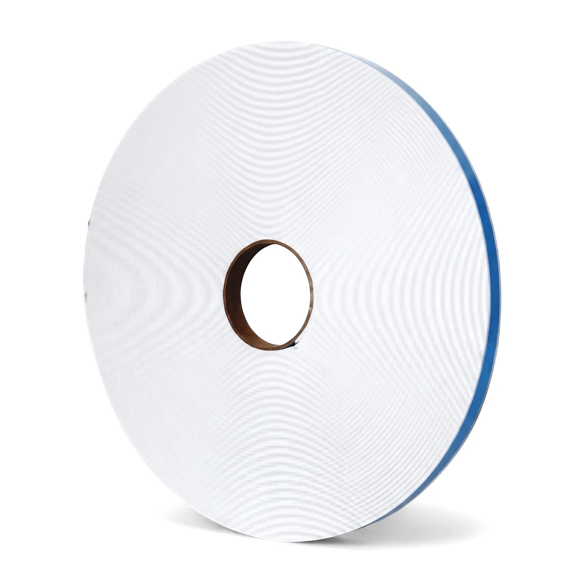Large white roll of double-sided tape with a brown core and blue protective edge, visible from a slight angle.
